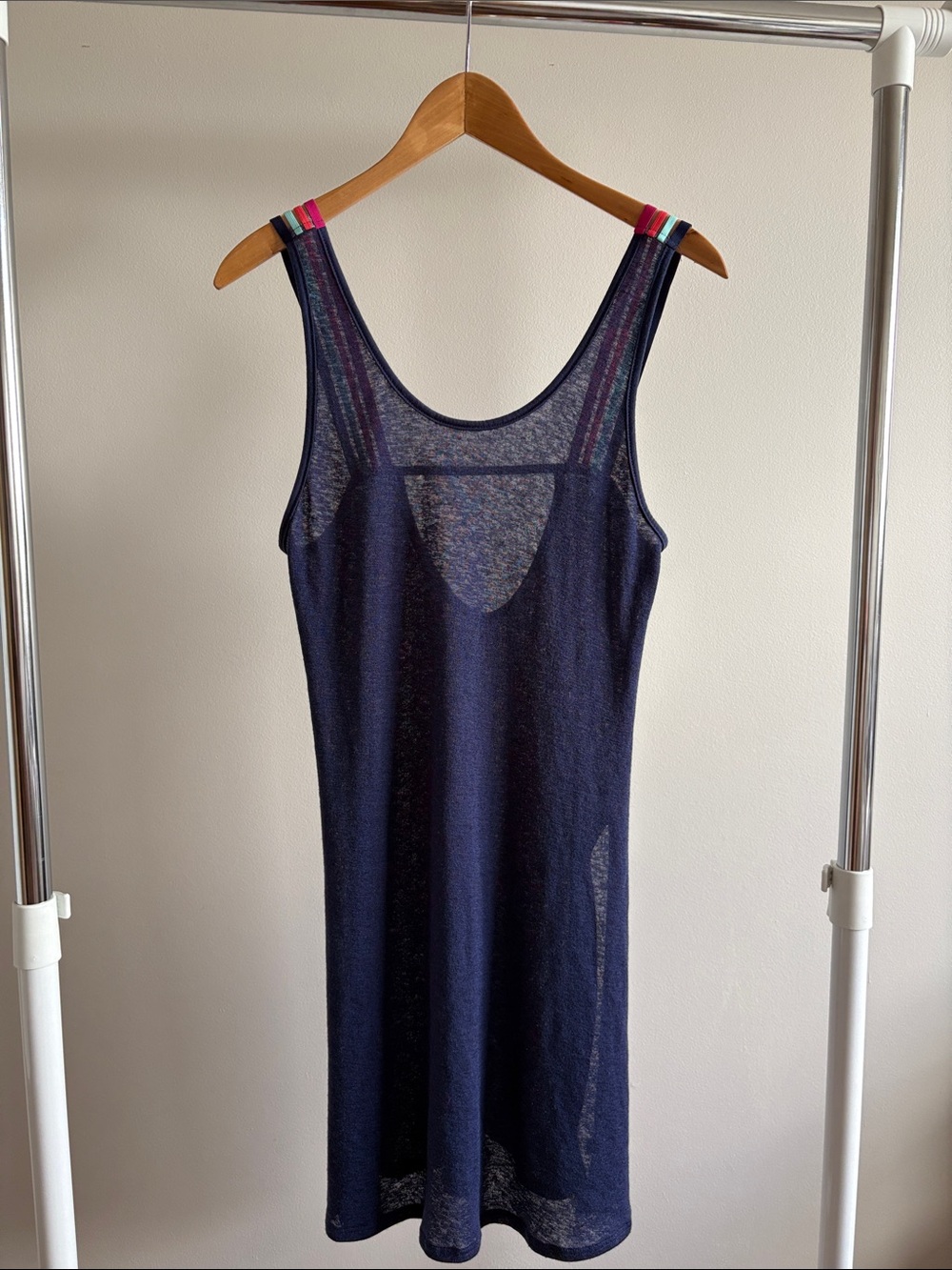 Navy Sheer Tank Dress with Striped Shoulder Detail